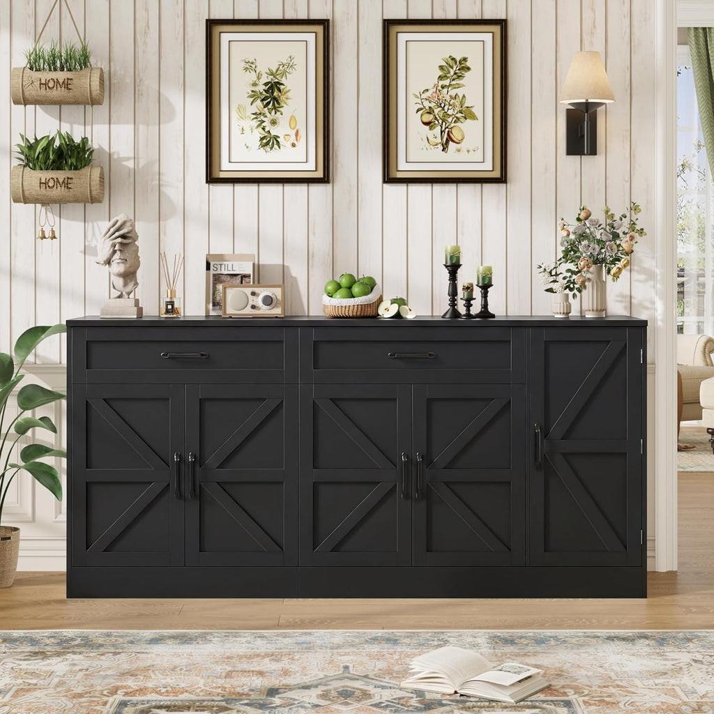 71” Large Sideboard Buffet Cabinet with Storage, Farmhouse Buffet Cabinet with Adjustable Shelves and 3 Door Shelves, Wood Coffee Bar Console Table for Kitchen, Dining Room (Black)