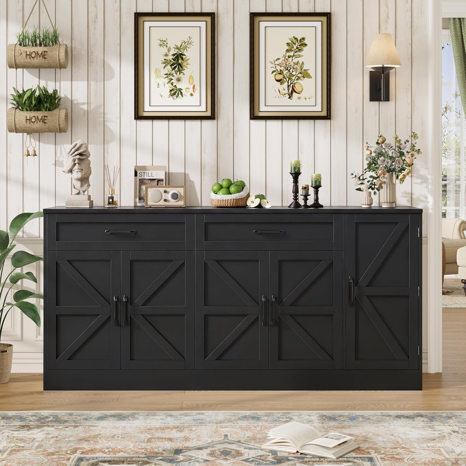 71” Large Sideboard Buffet Cabinet with Storage, Farmhouse Buffet Cabinet with Adjustable Shelves and 3 Door Shelves, Wood Coffee Bar Console Table for Kitchen, Dining Room (Black)