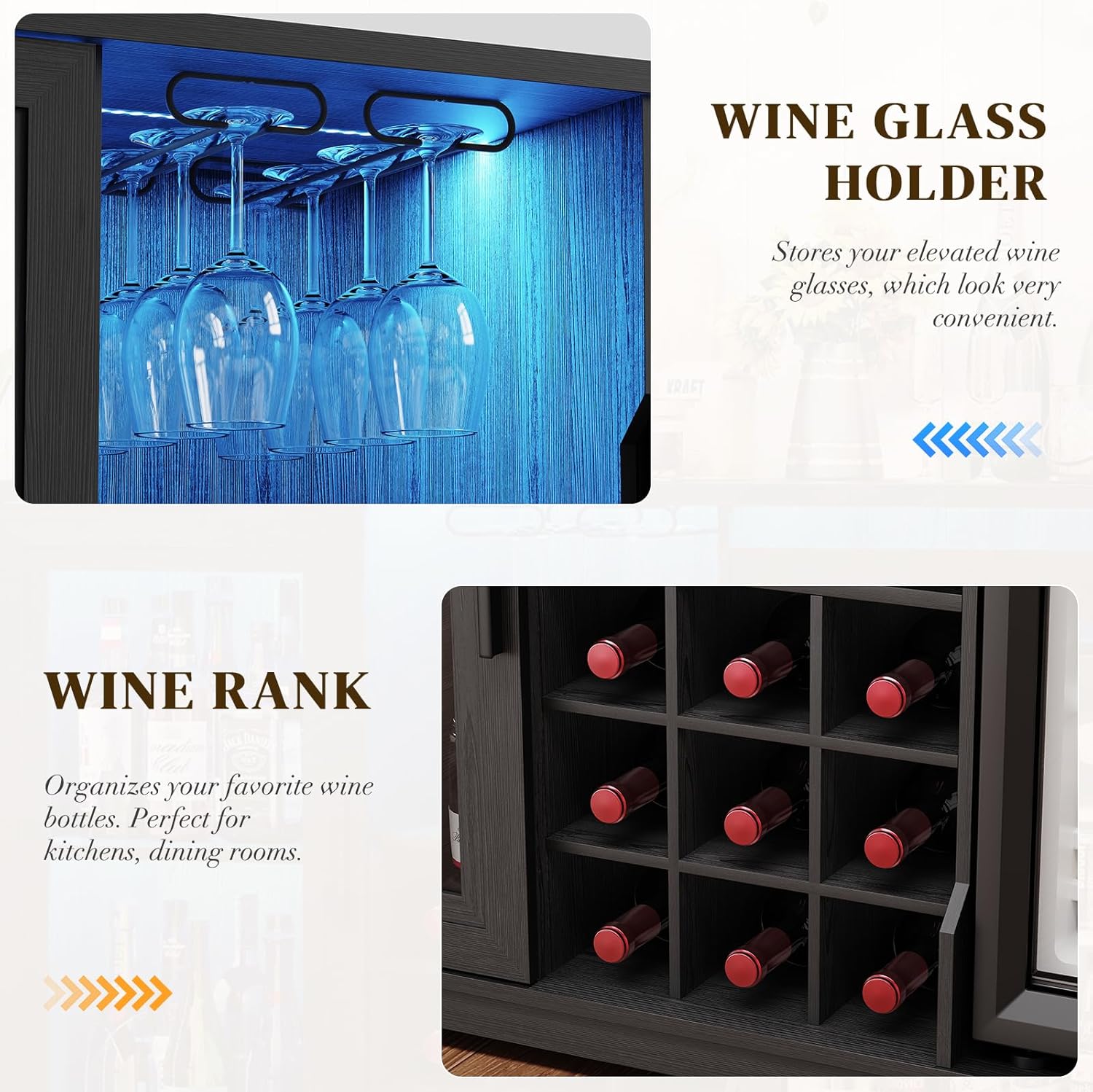 Coffee Bar Cabinet with Fridge (Fridge Included), Large Liquor Bar Cabinet with LED Lights, Glass Holder & Wine Rack, Wine Cabinet with Human Body Sensor, Buffet Sideboard for Home, Black