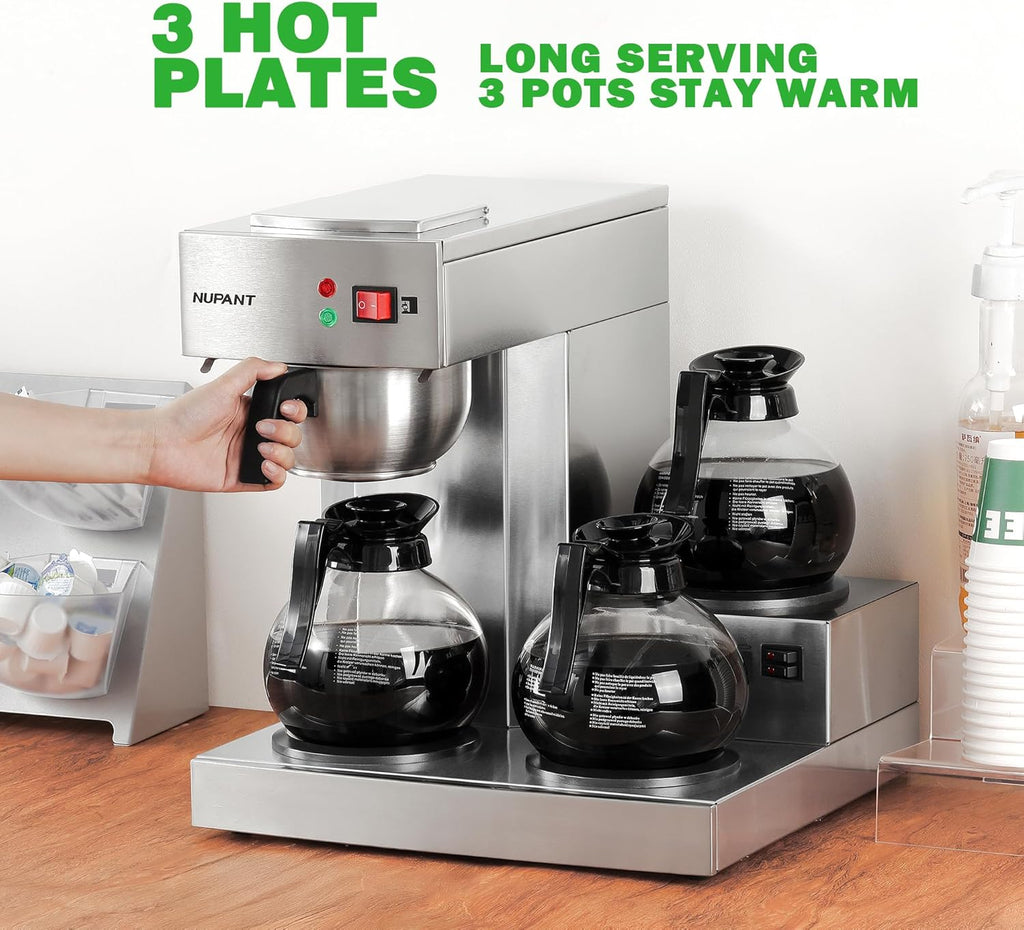 12 Cup Commercial Coffee Maker,Drip Coffee Maker Machine with 3 Warmers Plate and 3 Glass Decanters, Stainless Steel Pour Over Commercial Coffee Brewer for Restaurant, Office, Cafe Use