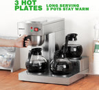 12 Cup Commercial Coffee Maker,Drip Coffee Maker Machine with 3 Warmers Plate and 3 Glass Decanters, Stainless Steel Pour Over Commercial Coffee Brewer for Restaurant, Office, Cafe Use