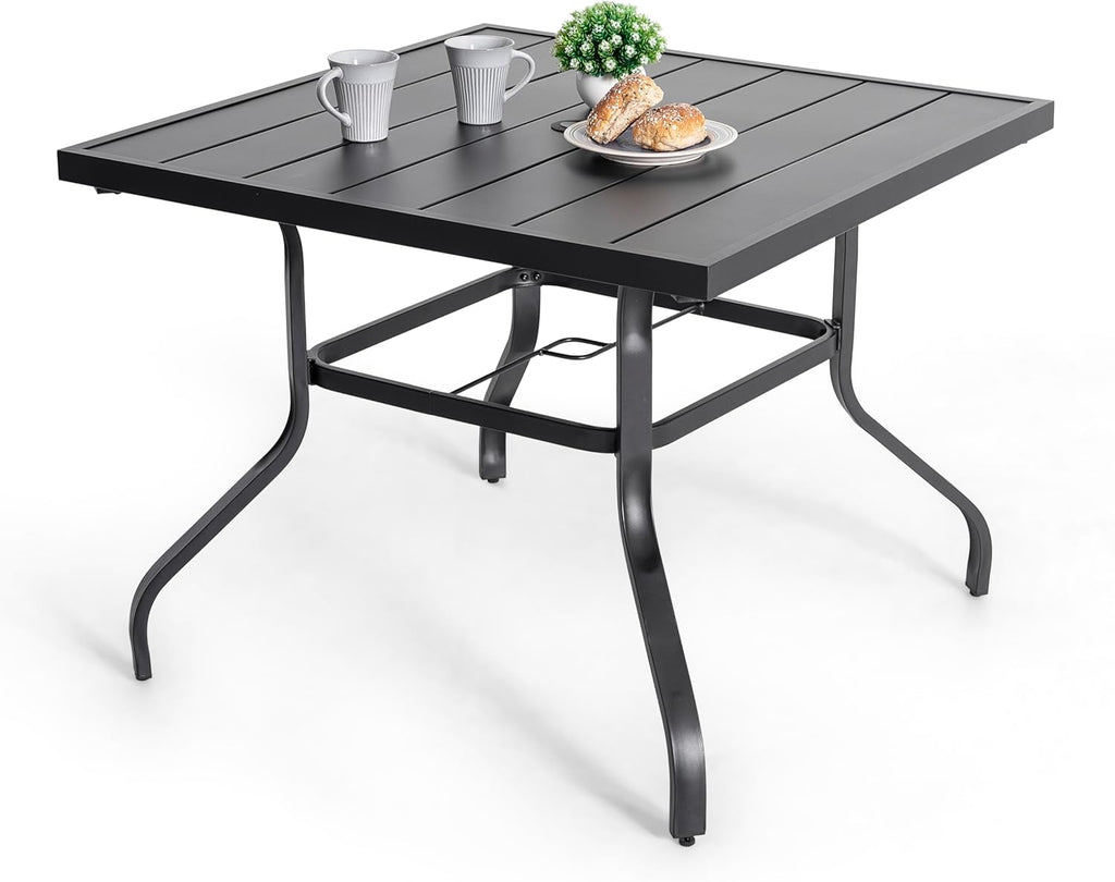NUU GARDEN 37" Outdoor Patio Table, 4 Person Steel Slat Square Dining Table with 1.57" Umbrella Hole, Slatted Top and Powder Coated Iron Frame for Patio, Garden and Balcony, Black