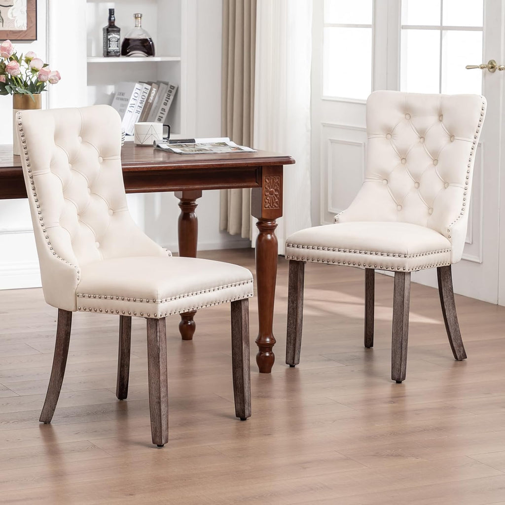 Velvet Dining Chairs Set of 4, Upholstered Dining Room Chairs with Nailhead Ring Pull Trim, Button Tufted Wing Back Chairs for Dining with Solid Wood Legs for Kitchen Dining Room(Beige)