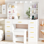 BEWISHOME Makeup Vanity Desk with Mirror and Lights White Vanity Table with Glass Top Power Outlet Stool,Makeup Desk with 9 Drawers and 4 Storage Shelves,Dressing Table for Bedroom Women FST39W