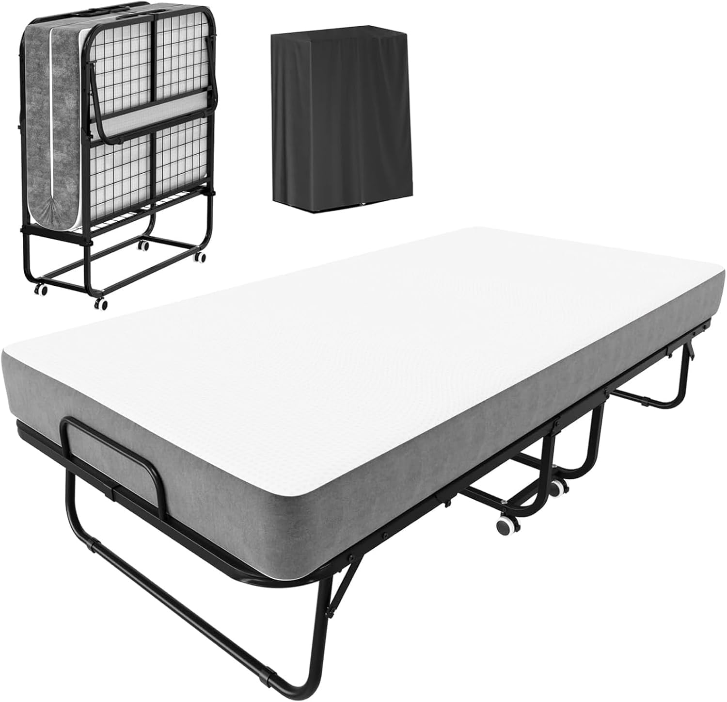 75" x 31" Folding Bed with Mattress for Adults, Rollaway Bed with Mattress, Foldable Bed with 5" Memory Foam Mattress, Space-Saving Sturdy Metal Frame for Bedroom & Office