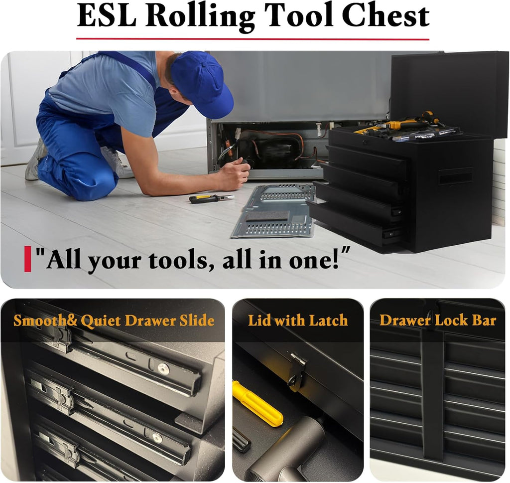 ESL Rolling Tool Chest, 5 Drawers with Big Cabinet, Tool Trolley with 4 Universal Lockable Wheels and Lock Bar, Great Black Tool Cart for Garage Workshop, Sturdy Heavy Duty Tool Storage, Easy Assemble