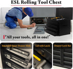 ESL Rolling Tool Chest, 5 Drawers with Big Cabinet, Tool Trolley with 4 Universal Lockable Wheels and Lock Bar, Great Black Tool Cart for Garage Workshop, Sturdy Heavy Duty Tool Storage, Easy Assemble