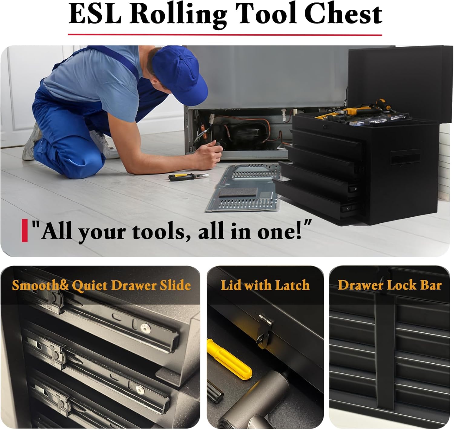 ESL Rolling Tool Chest, 5 Drawers with Big Cabinet, Tool Trolley with 4 Universal Lockable Wheels and Lock Bar, Great Black Tool Cart for Garage Workshop, Sturdy Heavy Duty Tool Storage, Easy Assemble