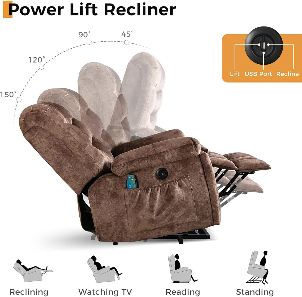 Large Power Lift Recliner with Massage and Heat for Elderly, Heavy Duty & Safety Motion Reclining Mechanism, Ergonomic Electric Wider Chair with USB Port, 2 Hidden Cup Holders (1, Brown)
