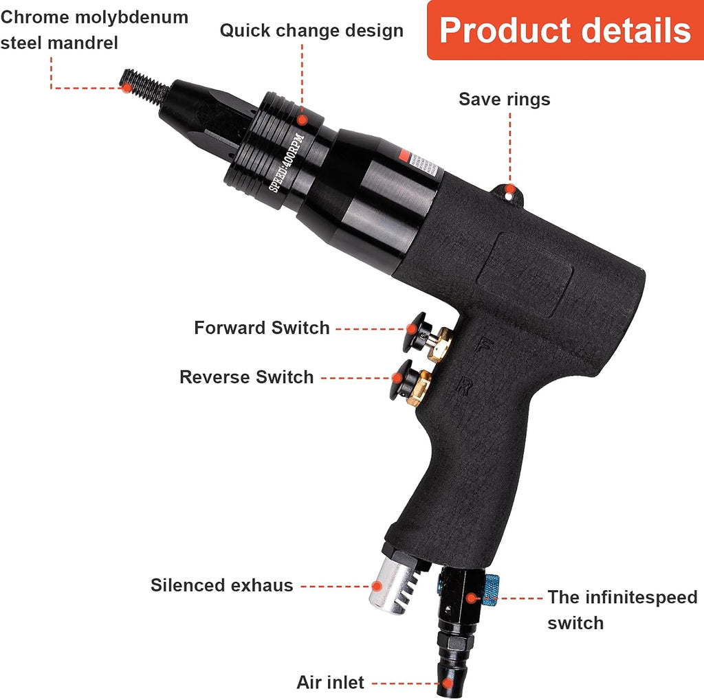 Clatoon Pneumatic Rivet Nut Gun with 10-24 & 1/4 & 5/16 & 3/8 Self-Locking Head, Adjustable Speed Air Rivet Gun, Air Rivet Nut Tool Kit with 4 Size Quick-Change, 6pcs Mandrels Included with Each Size