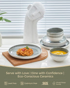 Pokini Gradient Green Stoneware Dinnerware Sets, 12 pcs Reactive Glaze Plates and Bowls Sets, Handmade Ceramic Round Dishes Set for 4, Highly Chip and Crack Resistant Modern Plate Set