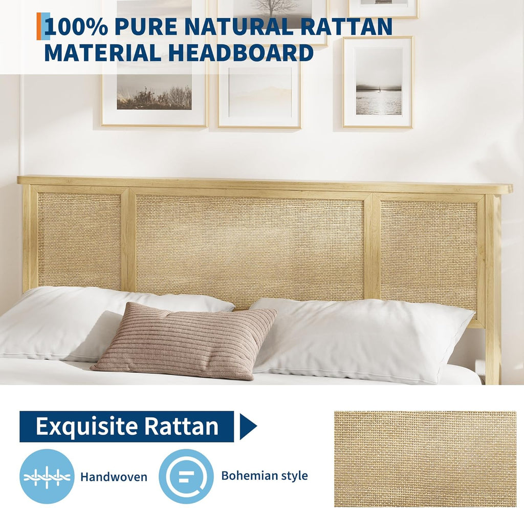 Rattan Bed Frame Queen with Natural Rattan Headboard, Sturdy Wooden Slats, Metal Platform Support, Silent Slats, No Box Spring Needed, Stylish and Robust Bedroom Furniture