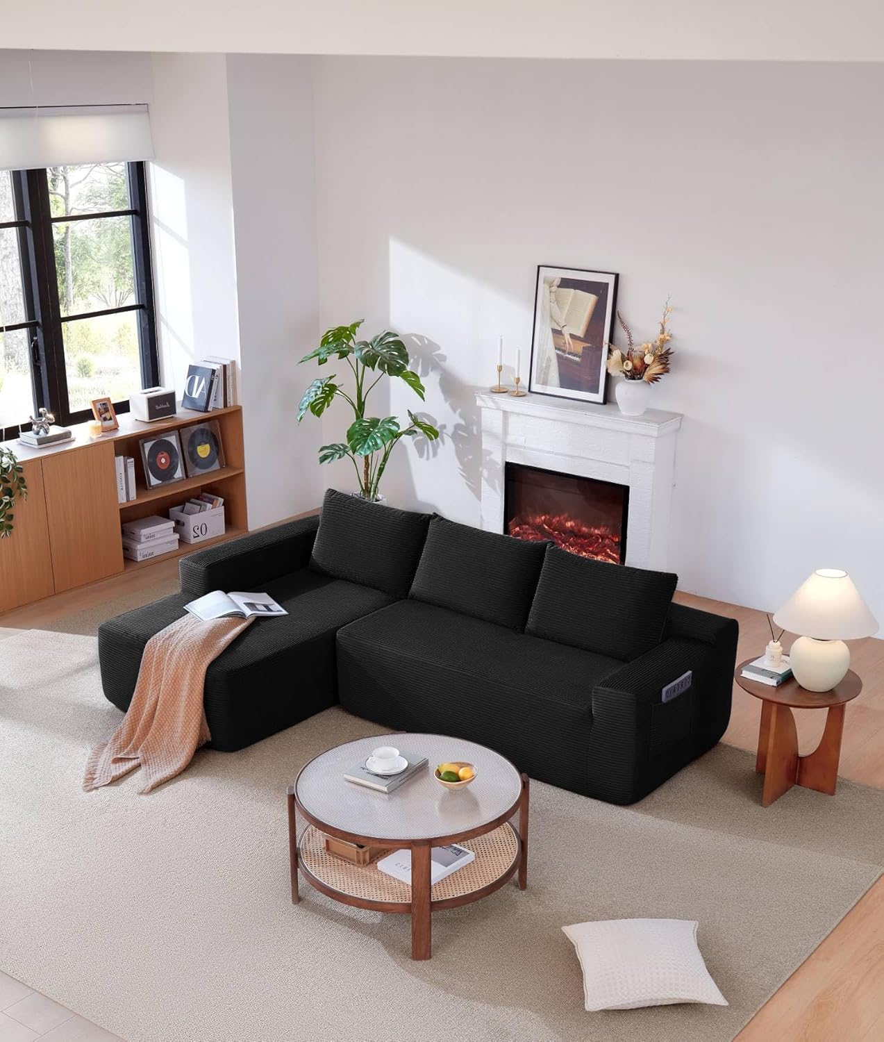 Cloud Couch Sectional, Modular L Shaped Boneless Sofa, Modern Corduroy Sectional Couch Comfy Deep Seat Cloud Sofa for Living Room, Bedroom, No Assembly (Black, Left Facing Chaise)