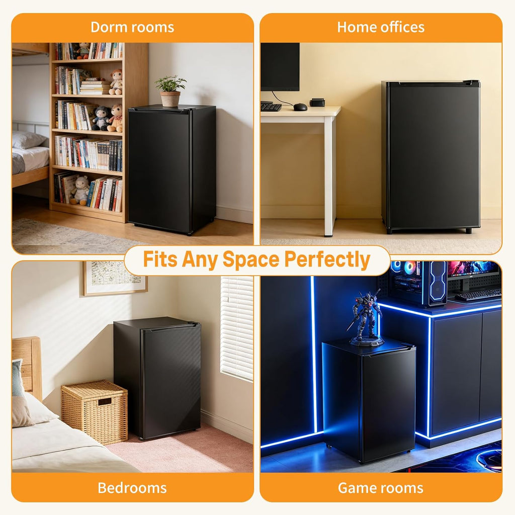 Mini Fridge with Freezer, 3.2 Cu.Ft Mini Refrigerators, Small Beverage Fridge with Adjustable Thermostat, for Bedroom, Office, Dorm, Single Door, Quiet & Energy Saving, Black