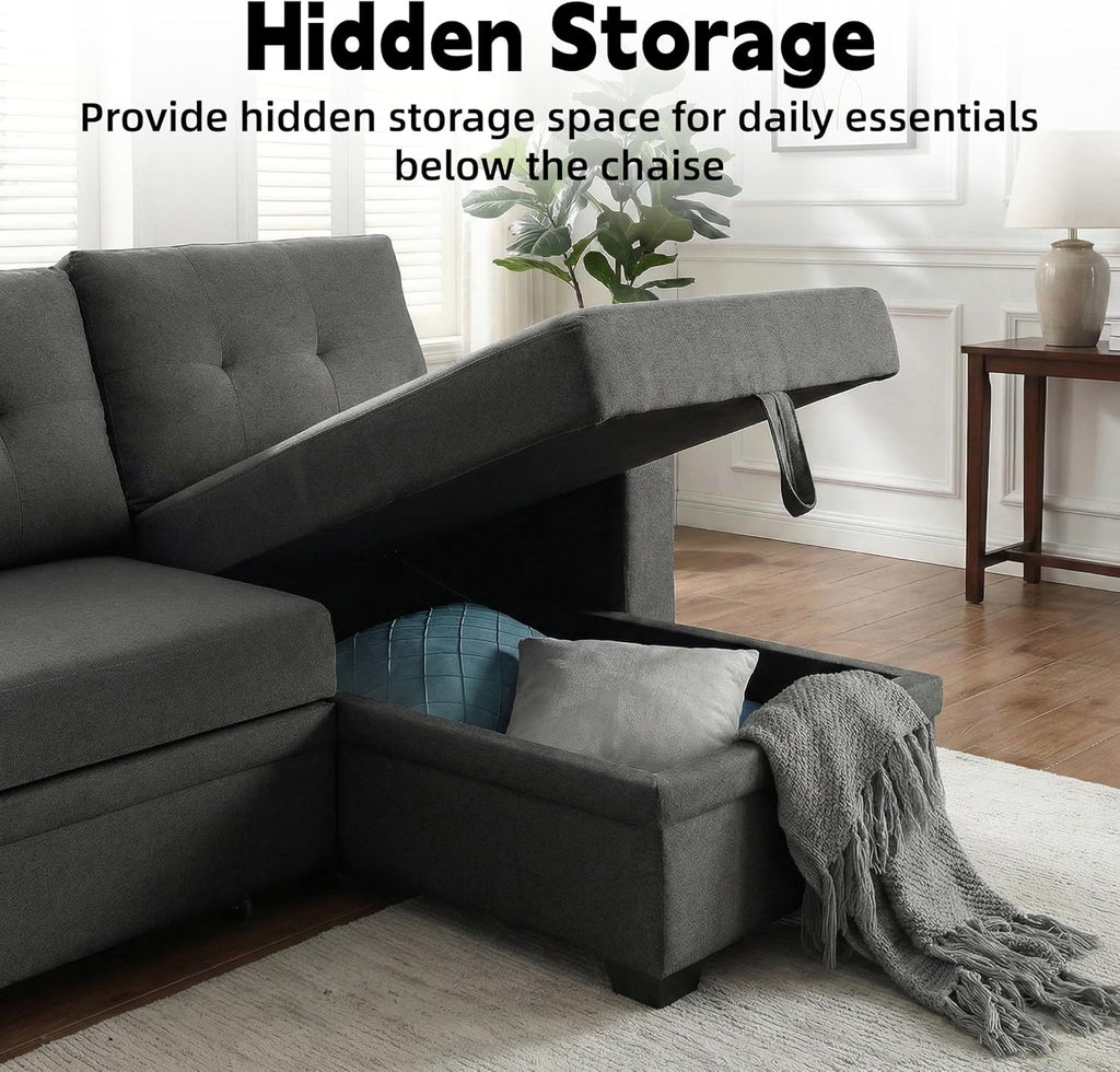 Convertible Sleeper Sofa Bed with Pull Out Couch, L Shaped Couch with Chaise Storage, USB Charge & Side Pocket, Small Sectional Couches for Living Room, Apartment | Linen Fabric | 82" | Dark Grey