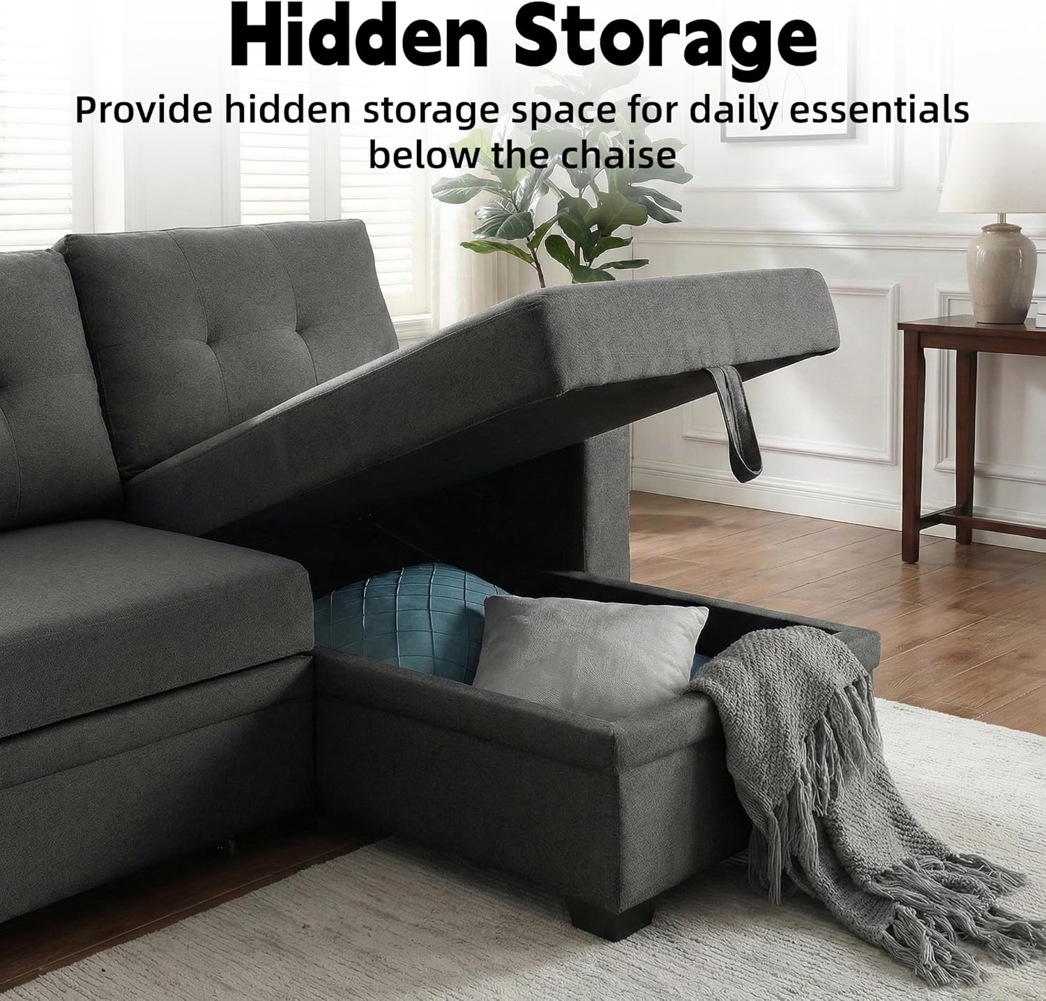 Convertible Sleeper Sofa Bed with Pull Out Couch, L Shaped Couch with Chaise Storage, USB Charge & Side Pocket, Small Sectional Couches for Living Room, Apartment | Linen Fabric | 82" | Dark Grey