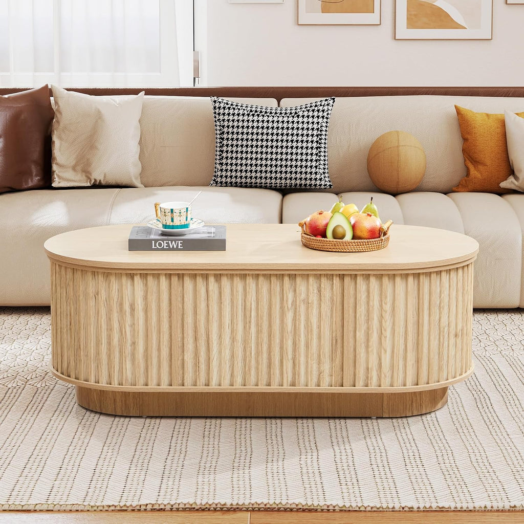 43.3''Lift Top Coffee Table with Storage,Oval Center Table with Hidden Compartment,Mid Century Modern Coffee Tables for Living Room,Fluted Wooden Lift Tabletop for Small Space Apartment Office,Natural