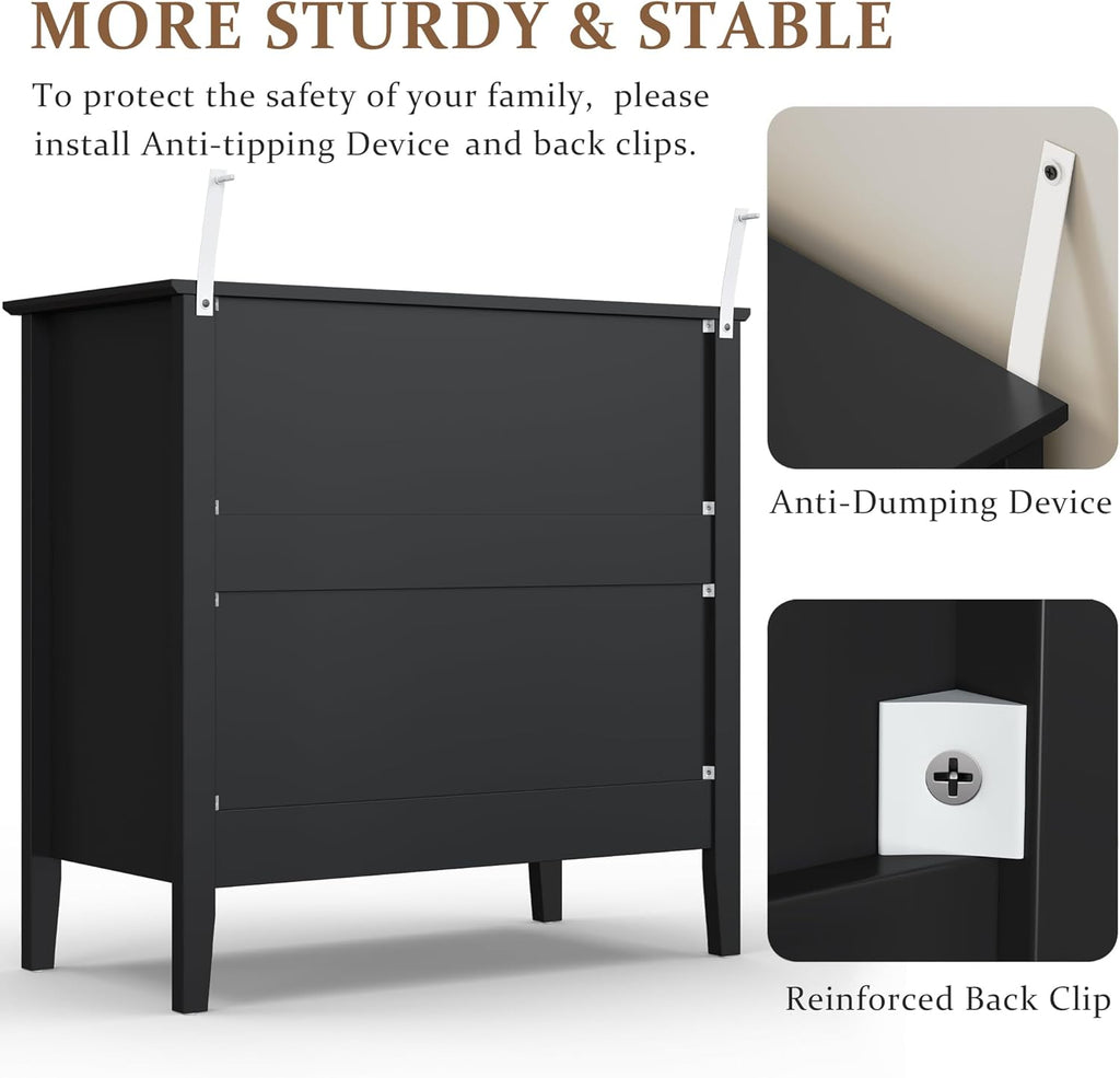 RoyalCraft 32" Large Nightstand Set of 2, Fluted Painted Bedside Table with 3 Spacious Drawers, Modern Tall End Table for Bedroom, Black