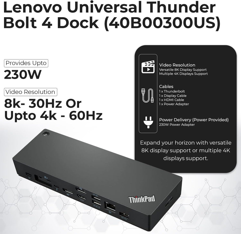 40B00300US Lenovo Docking Station USB C Bundle - 1 Year Warranty  Supports 4K Display  Thunderbolt 4 Dock with 300W Adapter  Anyhdd HDMI  DisplayPort  Thunderbolt Cables & Cloth