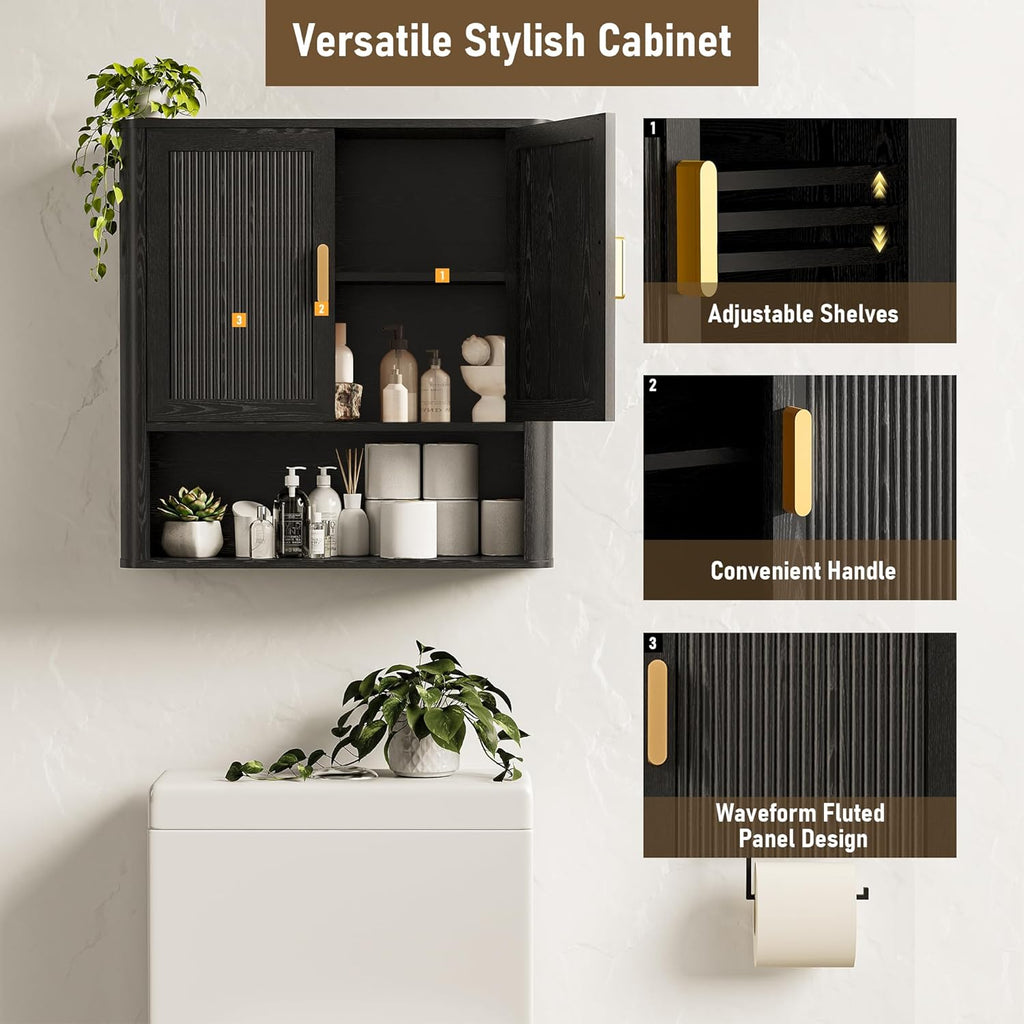 INNOD Bathroom Wall Cabinet, Wall-Mounted Medicine Cabinet with Adjustable Wood Shelf & Doors, Floating Bathroom Cabinet Over Toilet for Laundry Room & Kitchen & Living Room (Black)