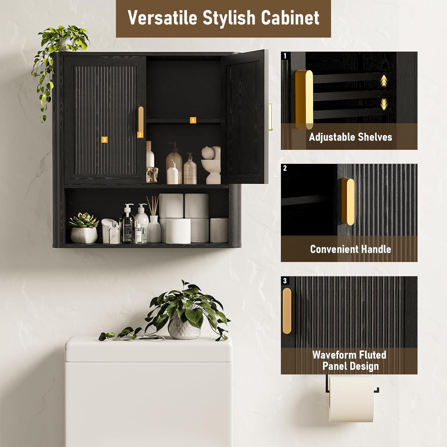 INNOD Bathroom Wall Cabinet, Wall-Mounted Medicine Cabinet with Adjustable Wood Shelf & Doors, Floating Bathroom Cabinet Over Toilet for Laundry Room & Kitchen & Living Room (Black)
