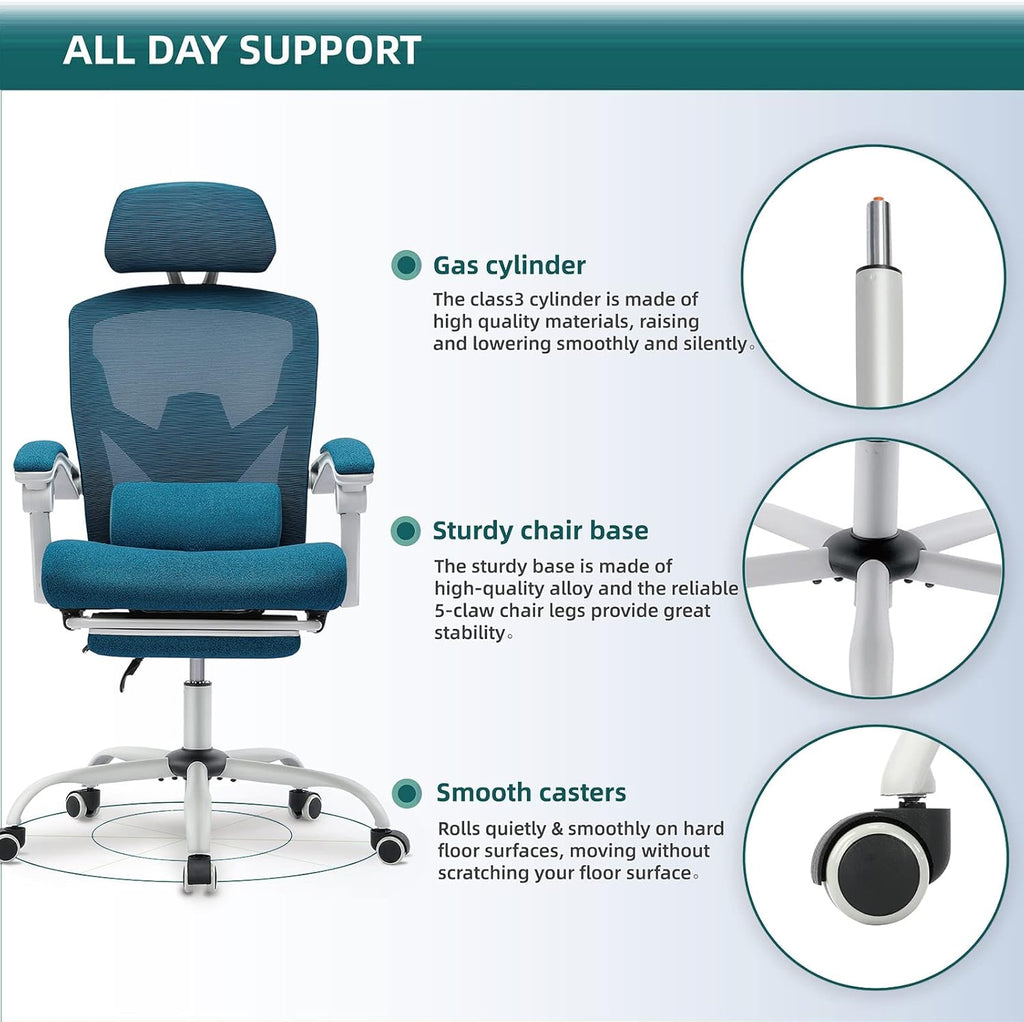 DUMOS Office Desk Computer Chair with Footrest, Ergonomic Mesh Swivel Gaming Chair with Rolling Wheels, Comfortable Headrest, Lumbar Support, Comfy for Home, Office, Task, Student, Elegant Blue