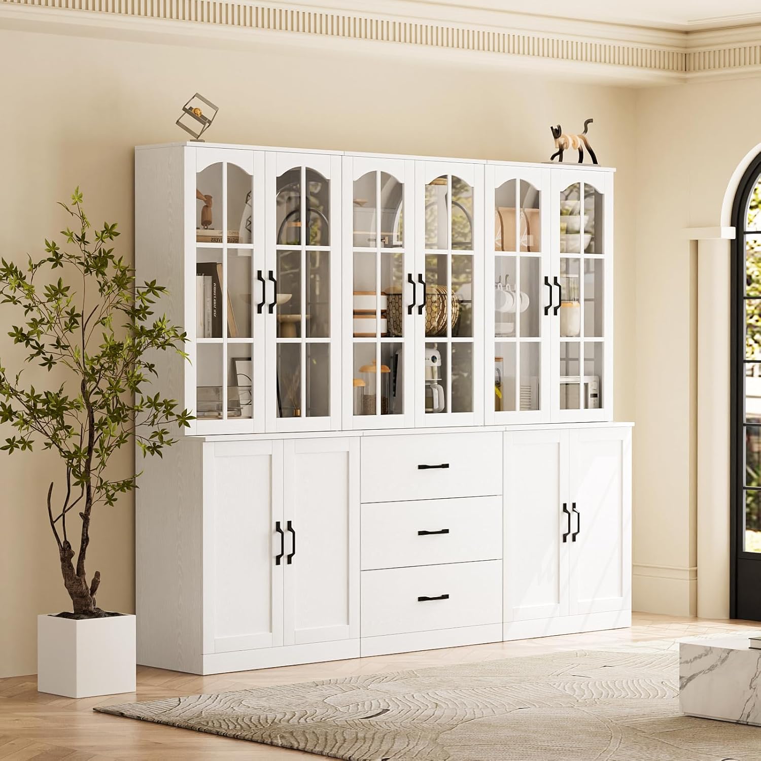 TUSY 71" Tall Bookcase with Glass Door, 6-Tier Modern Bookshelf with Drawer, 23.6" Wide Storage Cabinet with Countertop, Freestanding Display Cabinet for Living Room, Home Office (AEA)