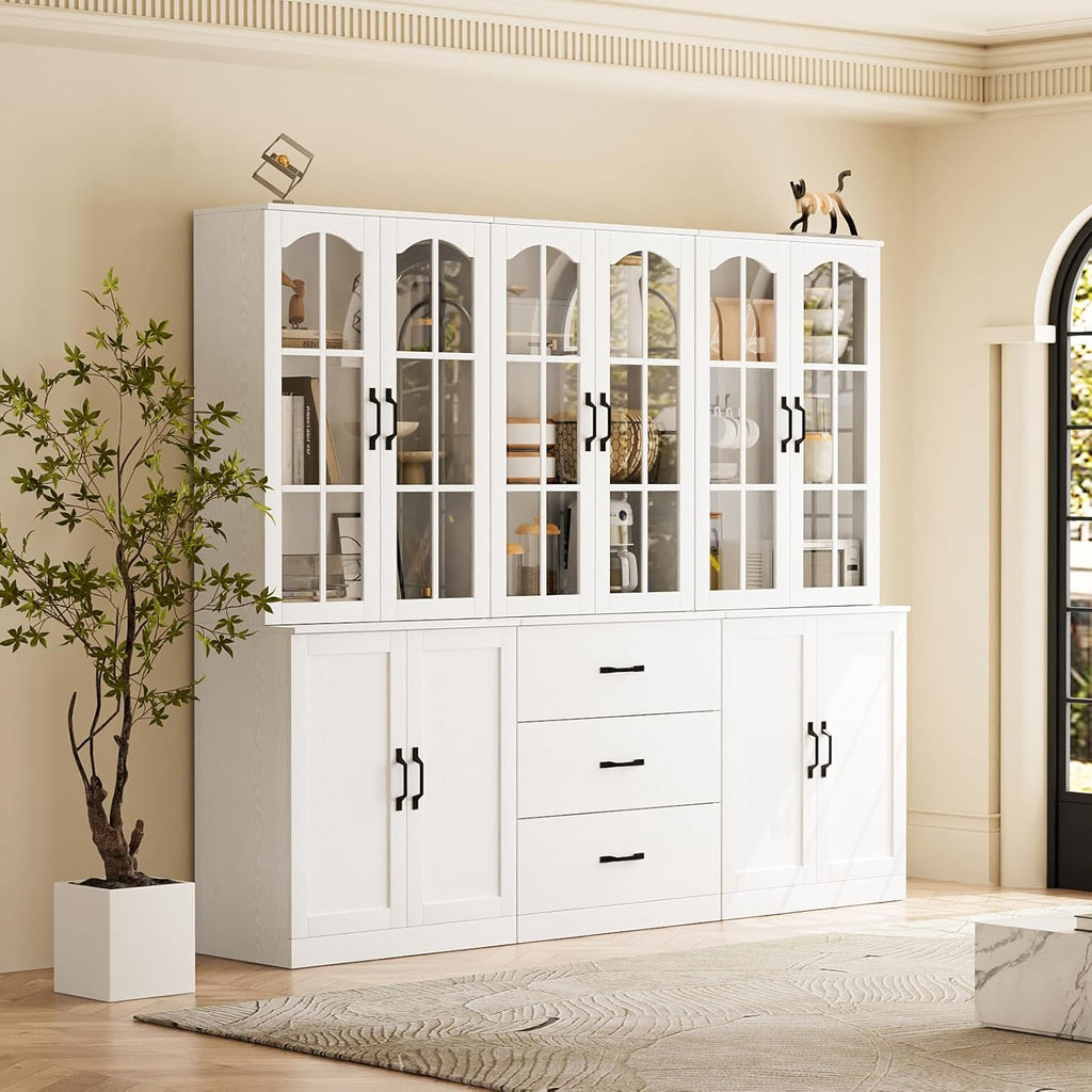 TUSY 71" Tall Bookcase with Glass Door, 6-Tier Modern Bookshelf with Drawer, 23.6" Wide Storage Cabinet with Countertop, Freestanding Display Cabinet for Living Room, Home Office (AEA)
