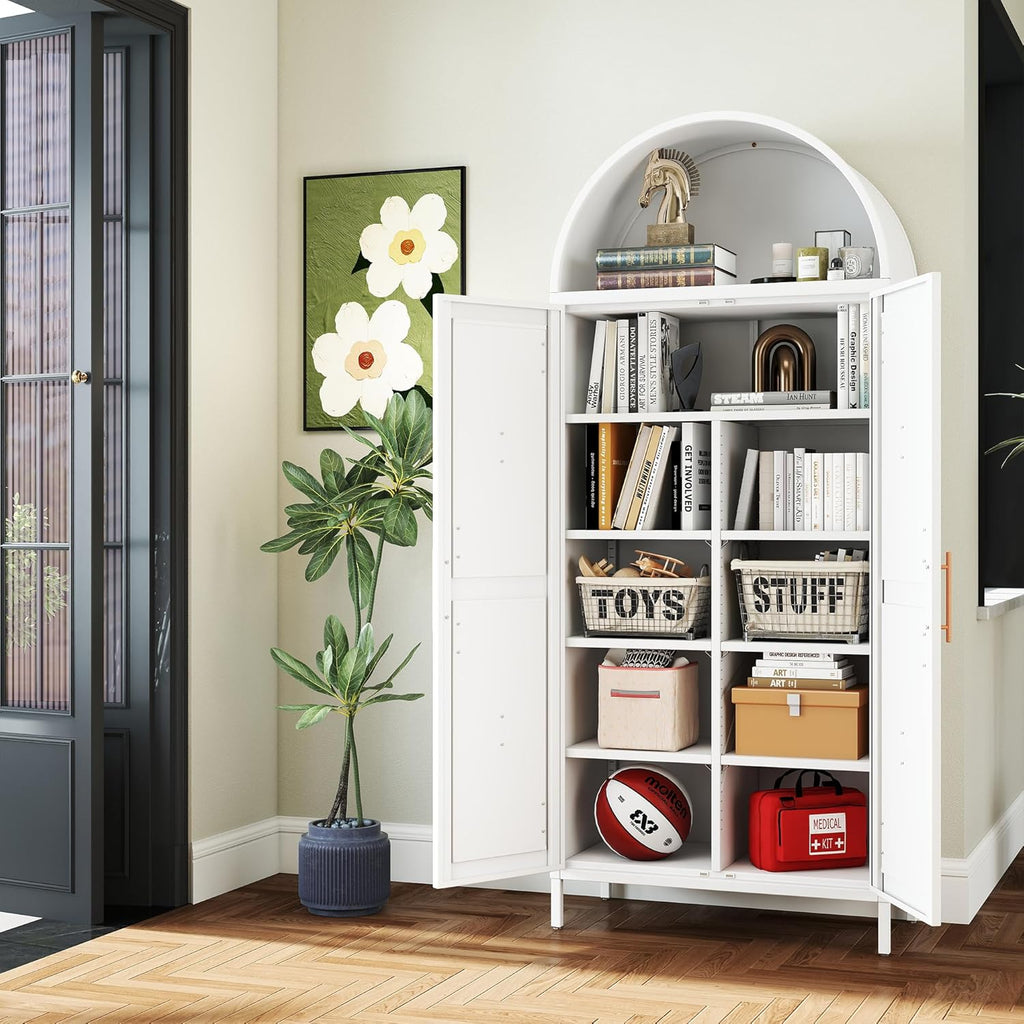 73" Tall Arched Kitchen Pantry Cabinet with 6 Adjustable Shelves, Farmhouse Metal Storage Cabinet with 2 Doors, Reinforced Rice-Shaped Embossed Panels, Tall Pantry Storage for Home Office