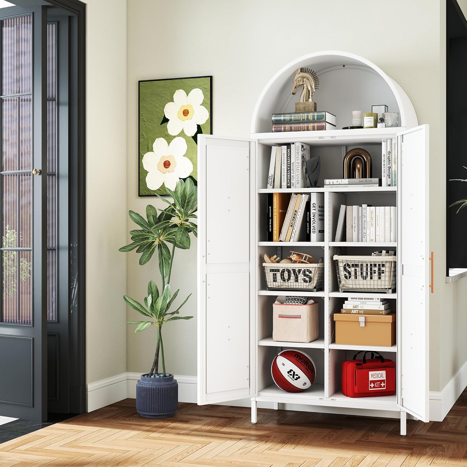 73" Tall Arched Kitchen Pantry Cabinet with 6 Adjustable Shelves, Farmhouse Metal Storage Cabinet with 2 Doors, Reinforced Rice-Shaped Embossed Panels, Tall Pantry Storage for Home Office