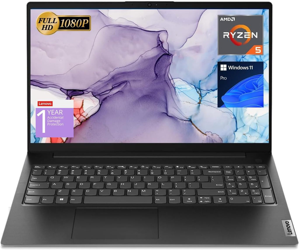 Lenovo V15 Laptop  15.6" FHD Display  AMD Ryzen 5 5500U Hexa-core Processor (Beat Intel i7-1065G7)  16GB RAM  512GB SSD  HDMI  RJ45  Numeric Keypad  Wi-Fi  Windows 11 Pro  Black