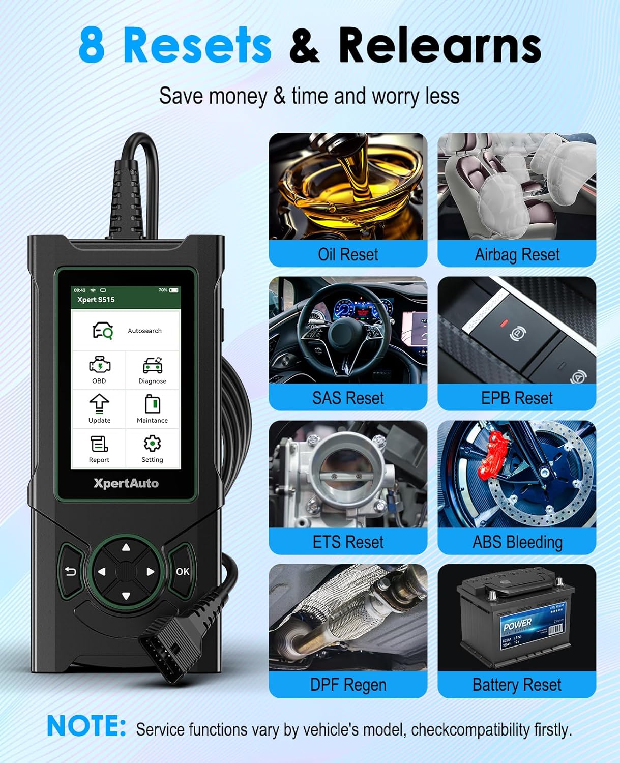 OBD2 Scanner S515 ABS SRS ECM TCM,Car Code Reader, Diagnostic Scan Tool with Reset for ABS/SRS/Oil/EPB/SAS/ETS/Battery/DPF/, Universal for All OBD II/EOBD Protocol Cars After 1996
