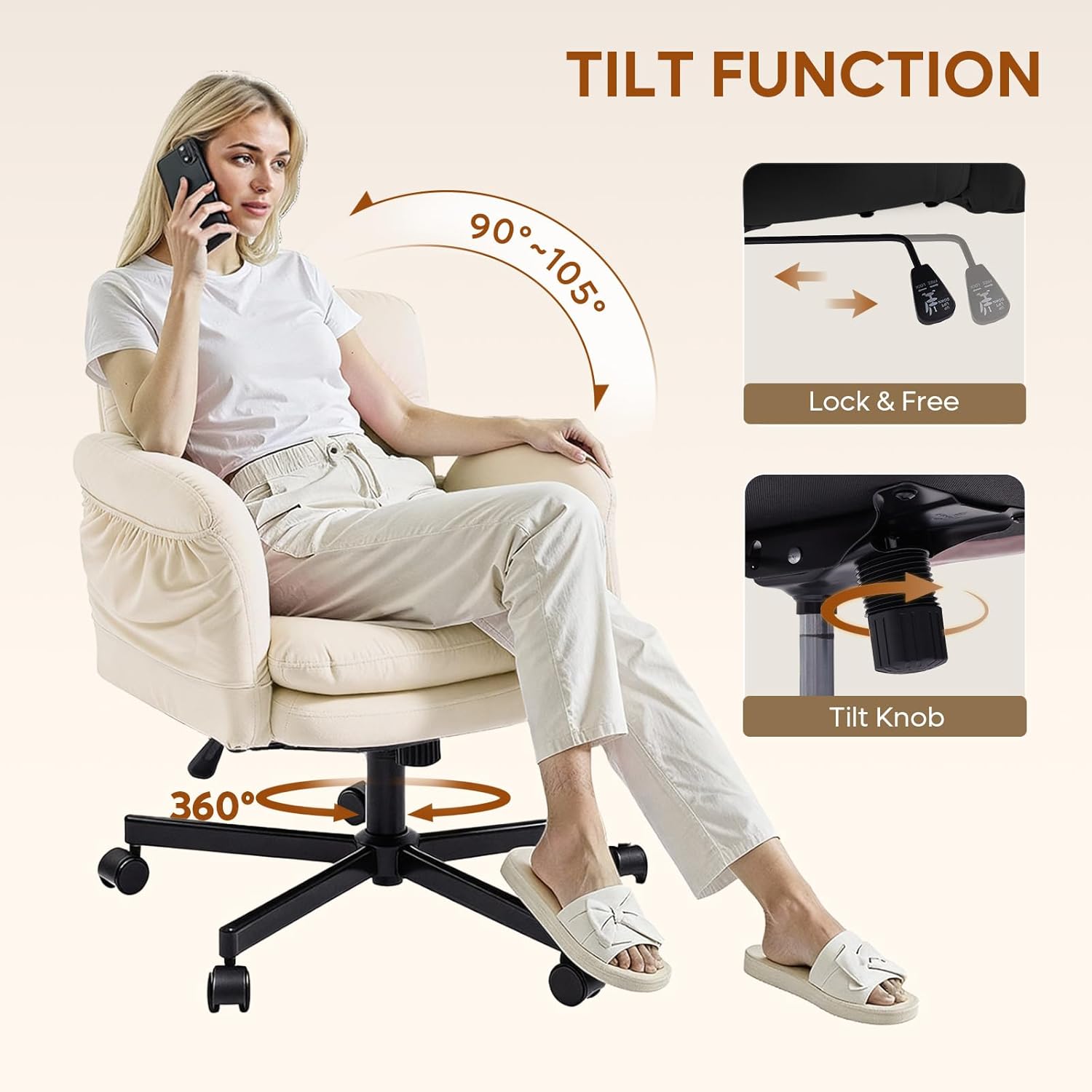 Bestier Criss Cross Chair with Flip-Up Armrests, Swivel Makeup Vanity Chair with Wheels & Side Pockets, Cross Legged Office Chair for Home Office, Bedroom, Beige Velvet