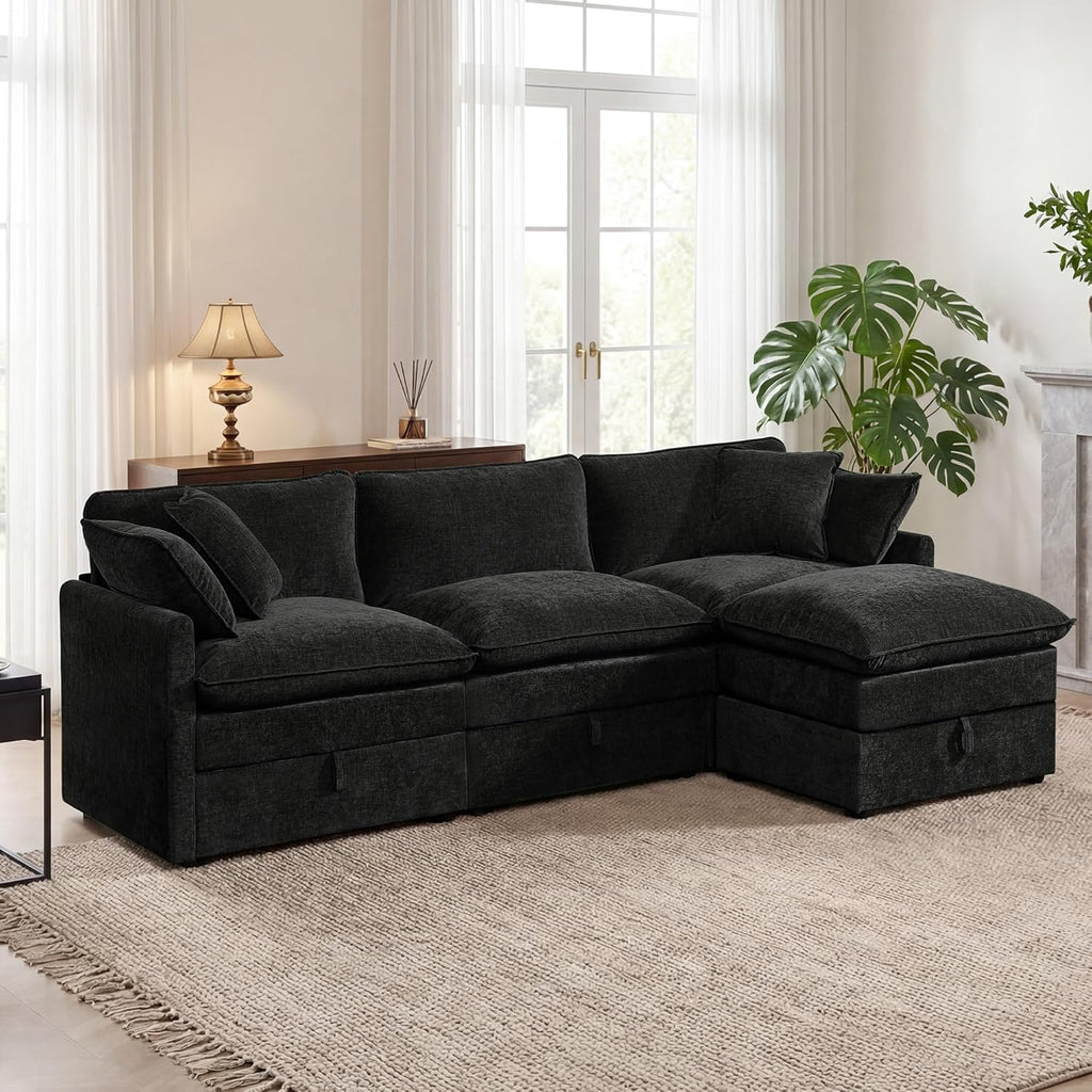 Modular Sofa with Storage, 103" L Shape Sectional Cloud Couch, Comfy Fabric Couch with Movable Ottoman, 4 Seat Modern Deep Seat Sofa for Living Room (Black Chenille)