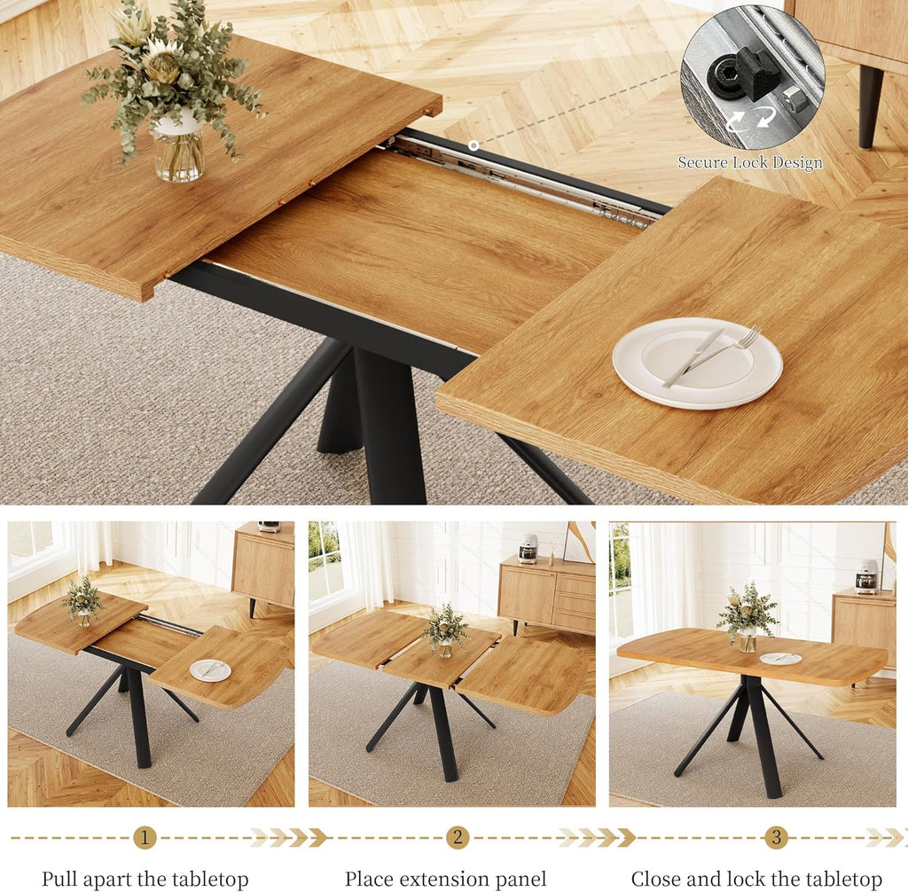 HIPIHOM Extendable Dining Table Set for 6 People, 47.2''-63'' MDF Kitchen Table with 6 Upholstered Chairs, Metal Legs for Dining Room, Kitchen, Apartment(Oak Table+6 Grey Chairs)