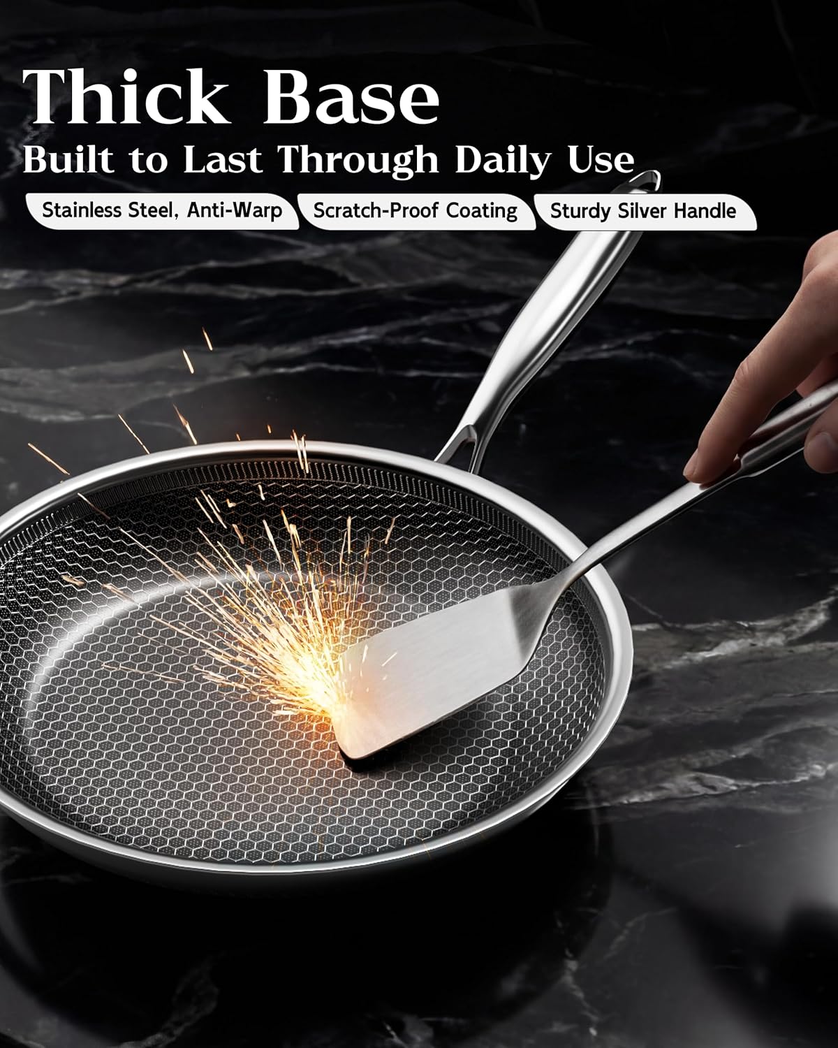 Nonstick Frying Pan with Lid 10-Inch, Durable Stainless Steel Skillet, Induction Cooktop Compatible, PFOA-Free Scratch-Proof, Dishwasher & Oven Safe, Stay-Cool Handle, Silver Kitchen Cookware