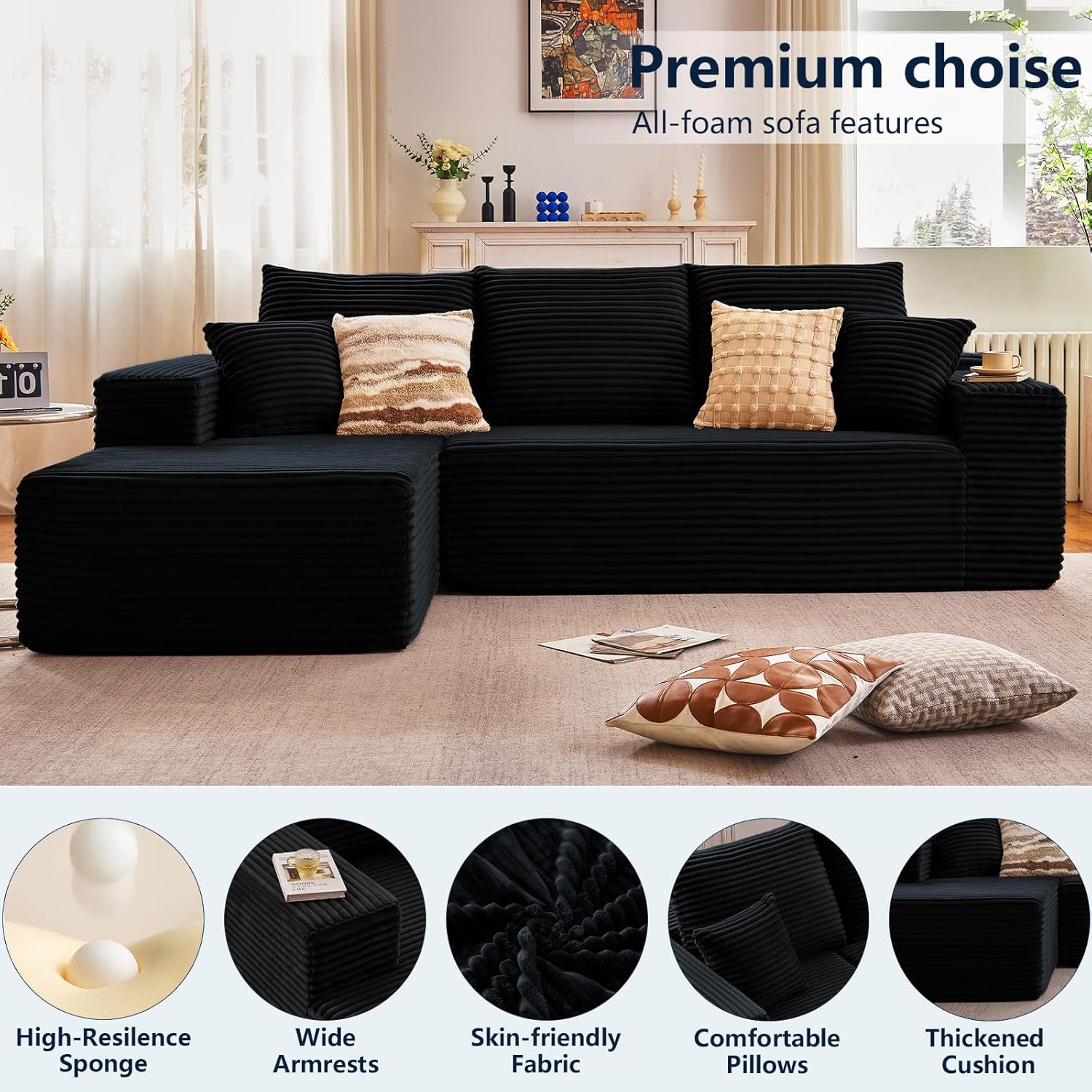 95" Cloud Sectional Couch with L-Shape Chaise, Modern Cloud Couch with Deep Seat, Modular Sectional Couches for Living Room, Apartment, Office, No Assembly Required