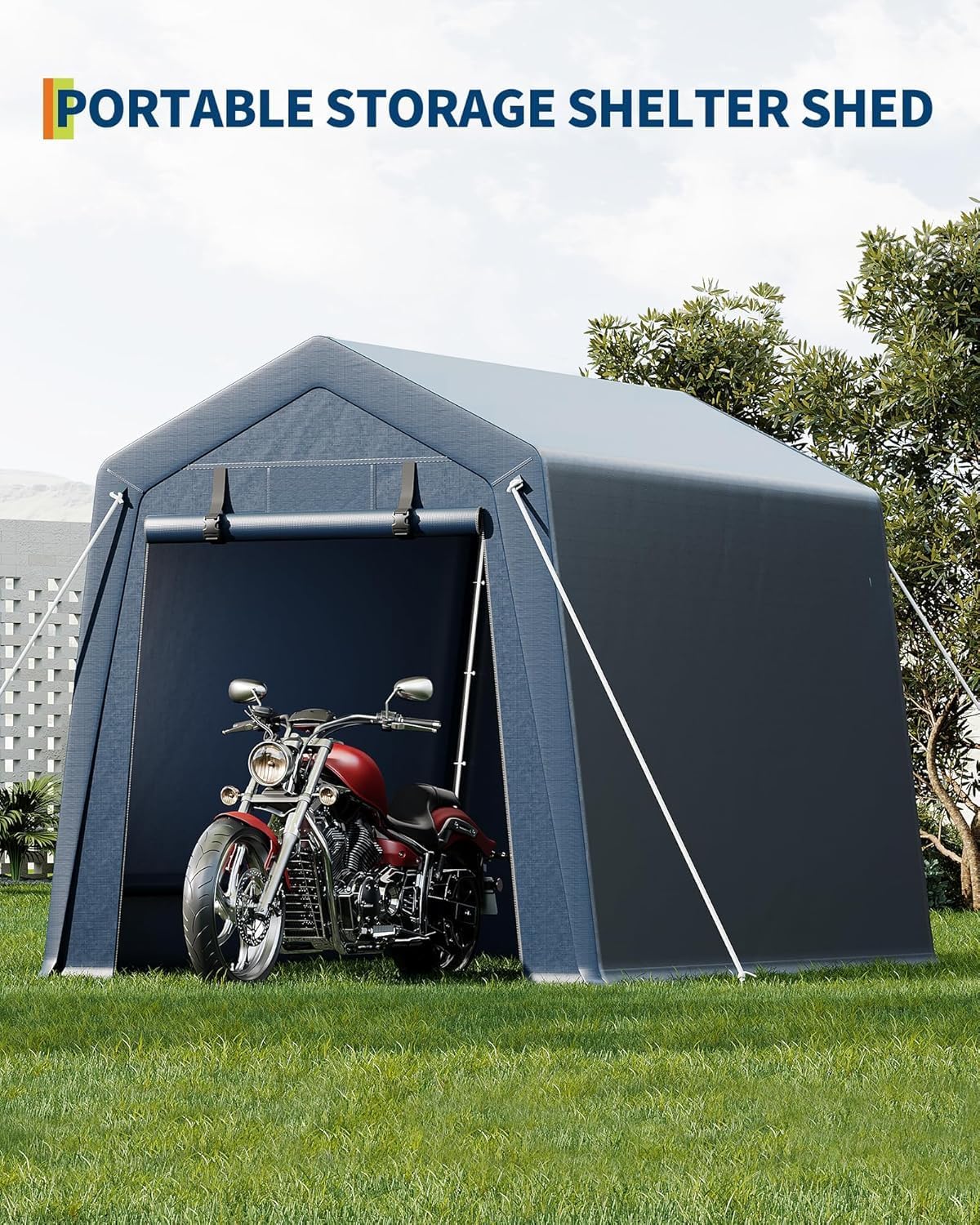 6x8ft Heavy Duty Waterproof Storage Shed - Portable Carport with Roll-up Ventilated Zipper Door & Windows, Stores Motorcycle, Bike, Firewood, Garden Tools