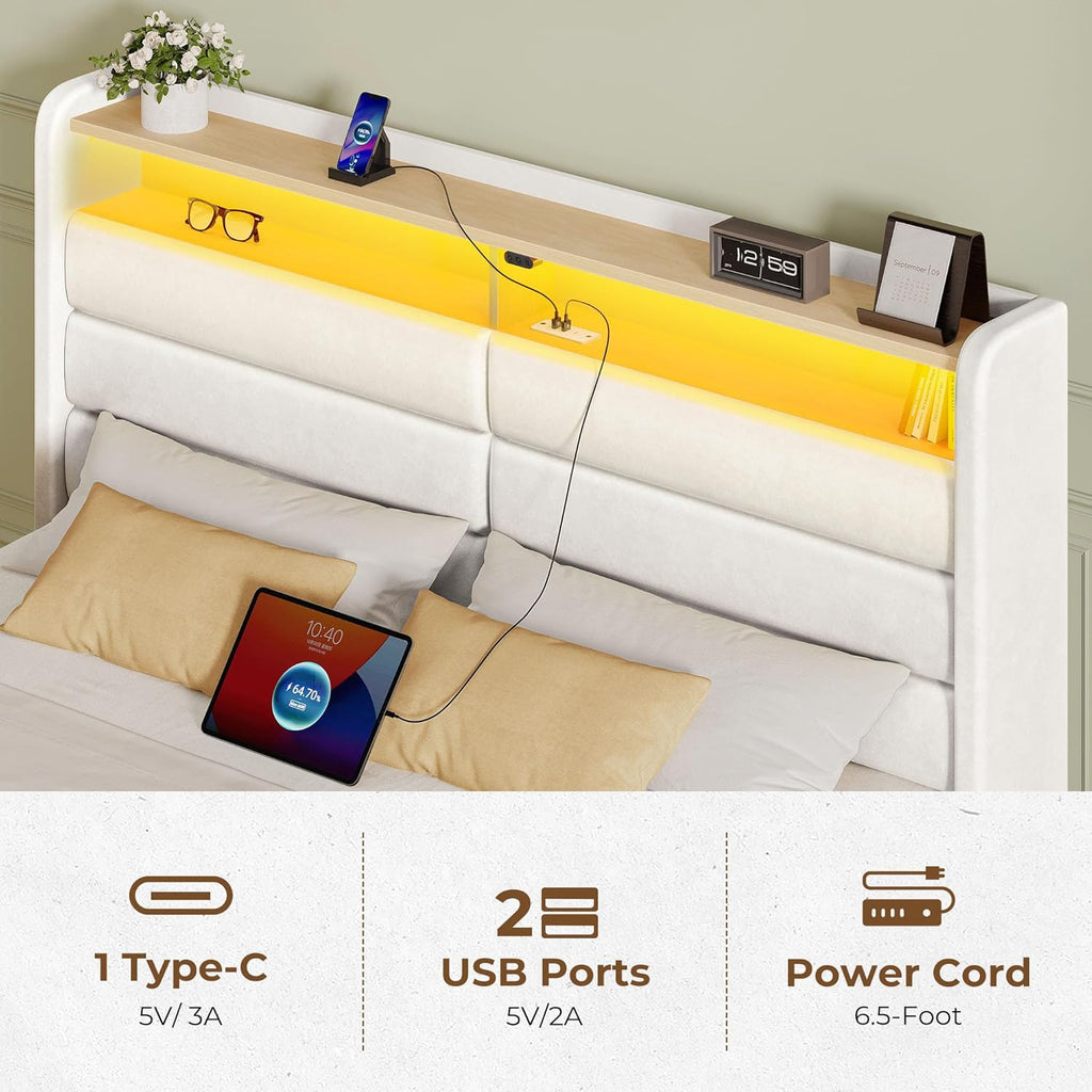 Seventable Full Size Bed Frame with 4 Storage Drawers & Charging Station, Upholstered Platform Bed with Storage Headboard and LED Light, No Box Spring Needed, Noise Free, Easy Assembly, Cream White