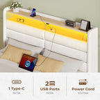 Seventable Full Size Bed Frame with 4 Storage Drawers & Charging Station, Upholstered Platform Bed with Storage Headboard and LED Light, No Box Spring Needed, Noise Free, Easy Assembly, Cream White