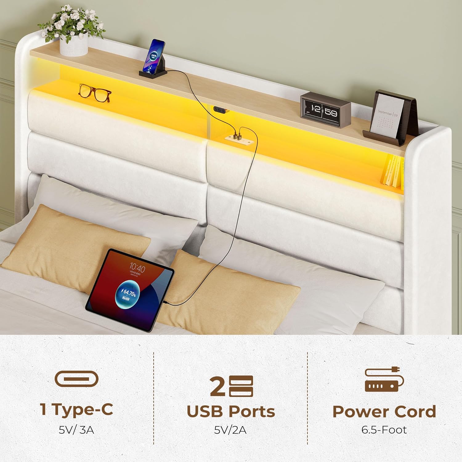 Seventable Full Size Bed Frame with 4 Storage Drawers & Charging Station, Upholstered Platform Bed with Storage Headboard and LED Light, No Box Spring Needed, Noise Free, Easy Assembly, Cream White