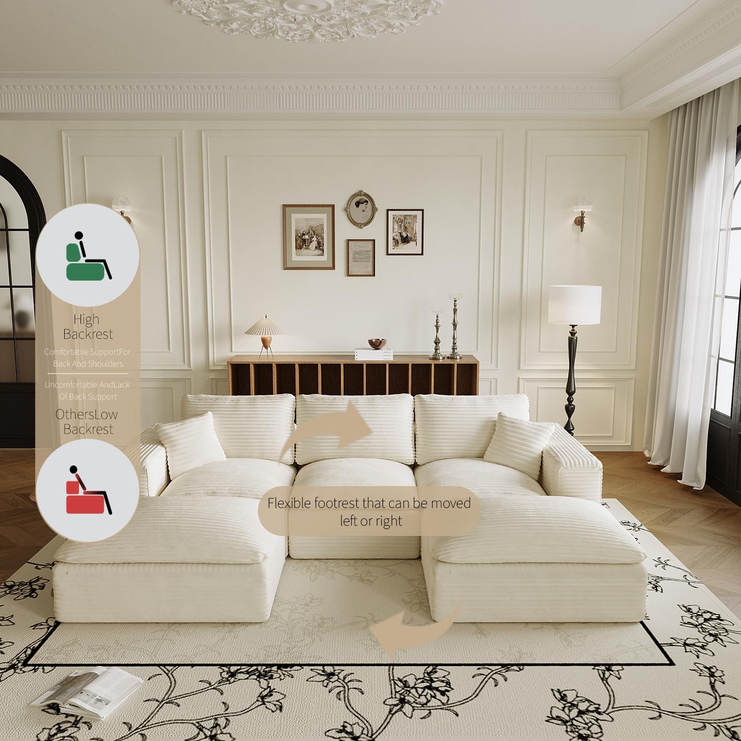 108" Plush Corduroy L Shaped Sectional Cloud Sofa Couch with Ottoman, Soft Deep Seat Modular Sectional Couches for Living Room,No Assembly. Beige