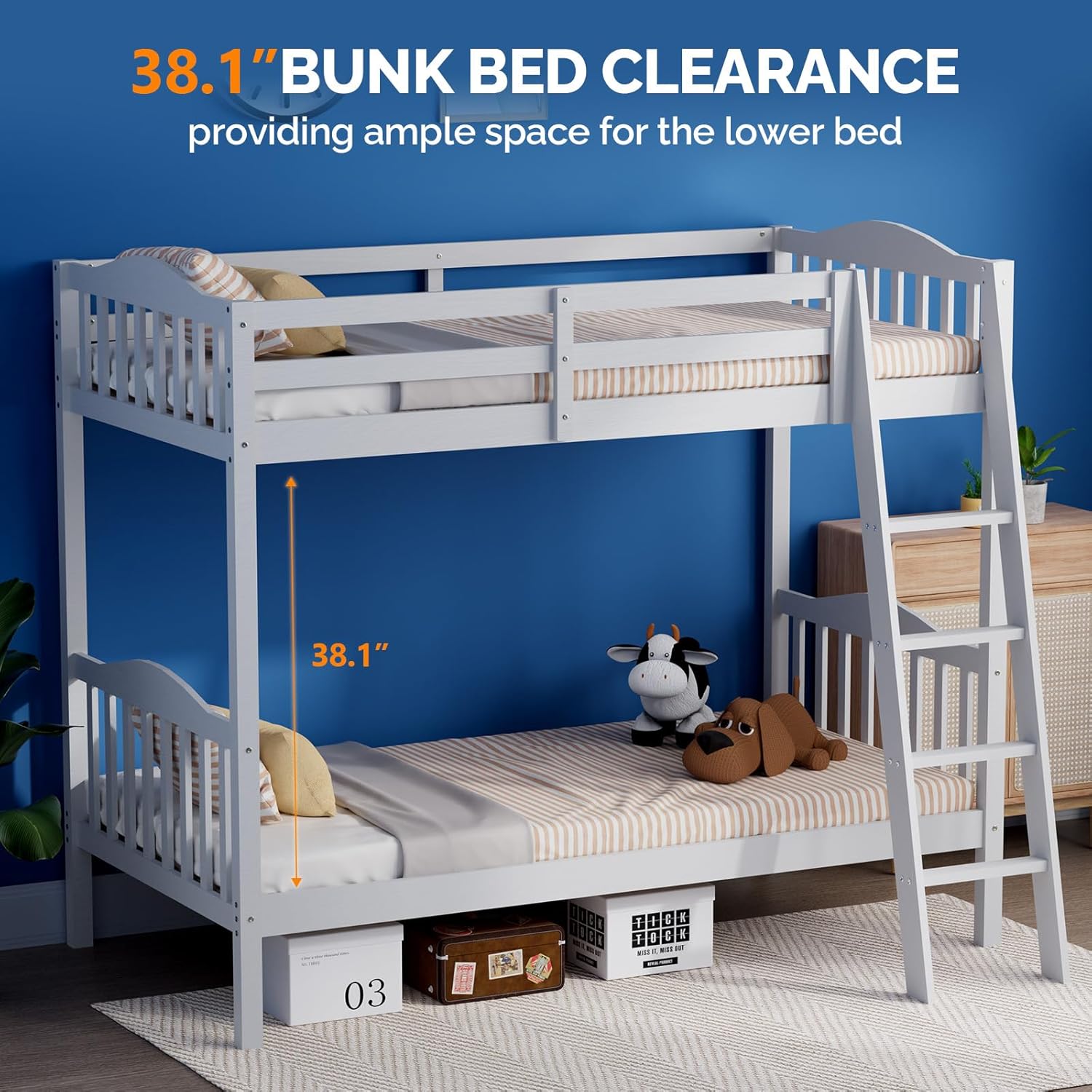 VINGLI Solid Wood Bunk Bed Twin Over Twin Classic, Twin Bunk Beds for Kids and Adults with Full Length Guardrails and Flats Pedals,Easy Assembly,No Box Spring Required,White