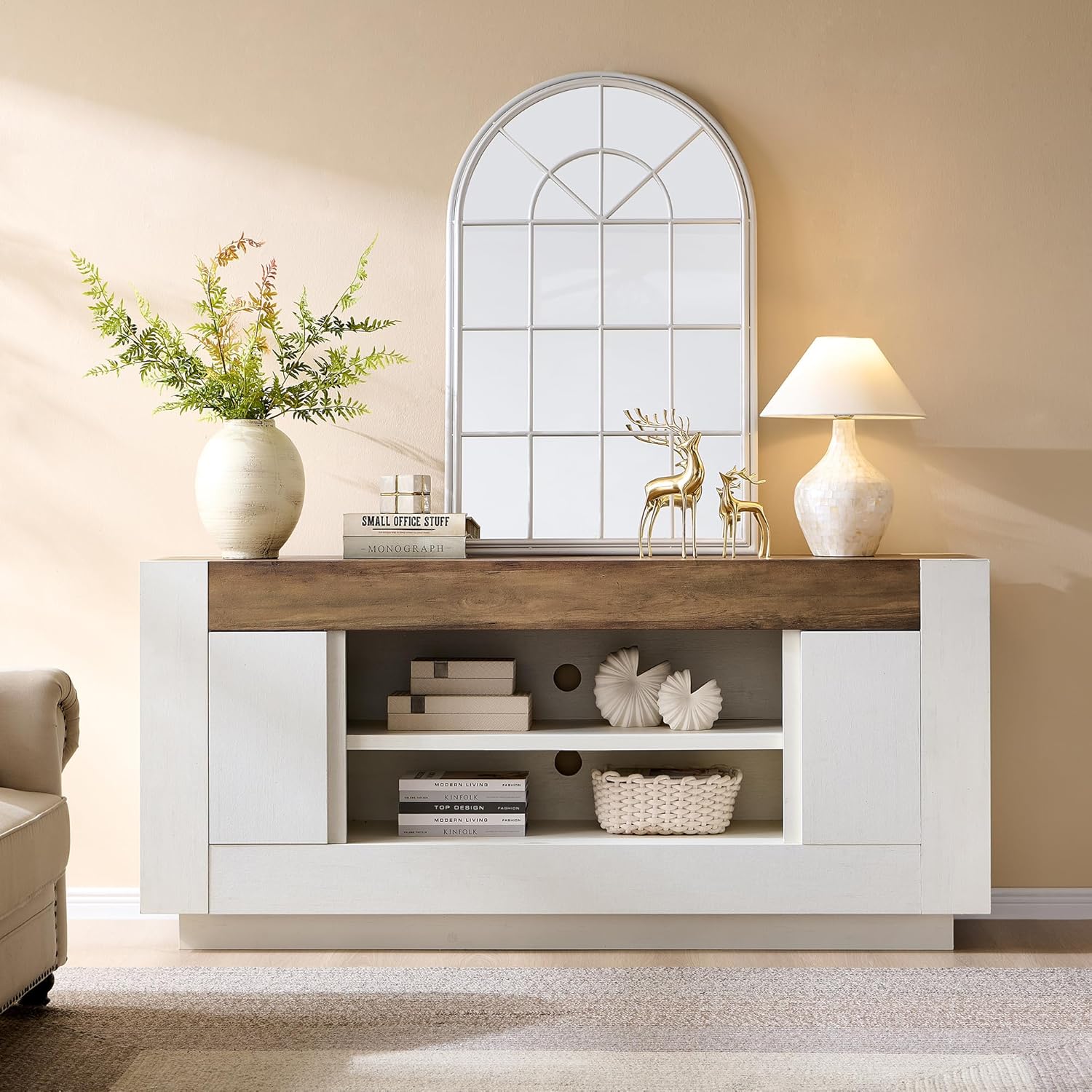 OKD Modern 70" TV Stand, Entertainment Center for TVs Up to 80", Media Console with Large Open Storage & Side Cabinets, Thick Wood Design for Living Room, Antique White