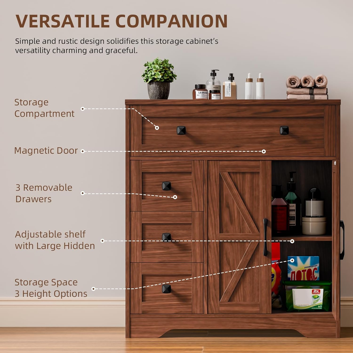 Vabches Farmhouse Storage Cabinet with 2 Doors and 4 Drawers, Freestanding Bathroom Storage Cabinet Kitchen Pantry, Floor Hutch Cupboard for Living Room/Bathroom/Kitchen,Walnut