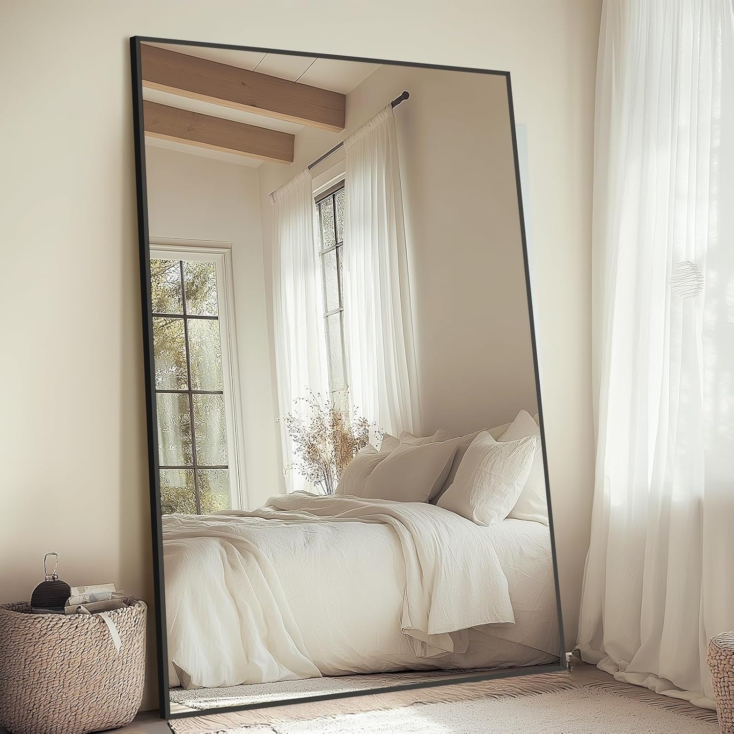 Large Mirror Full Length 72"X44", Oversized Floor Mirror with Stand, Black Free Standing Mirror Full Length for Gym Bedroom Living Room, Hanging or Wall Mounted, Shatterproof Tempered Glass