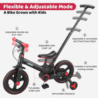 JMMD 6 in 1 Toddler Bike with Push Handle for Kids 18-60 Months, 12" Foldable Balance Bike with Training Wheels, Pedals, Brakes, Kickstand, Push Tricycle Toddler Gift & Toys for Boy & Girl
