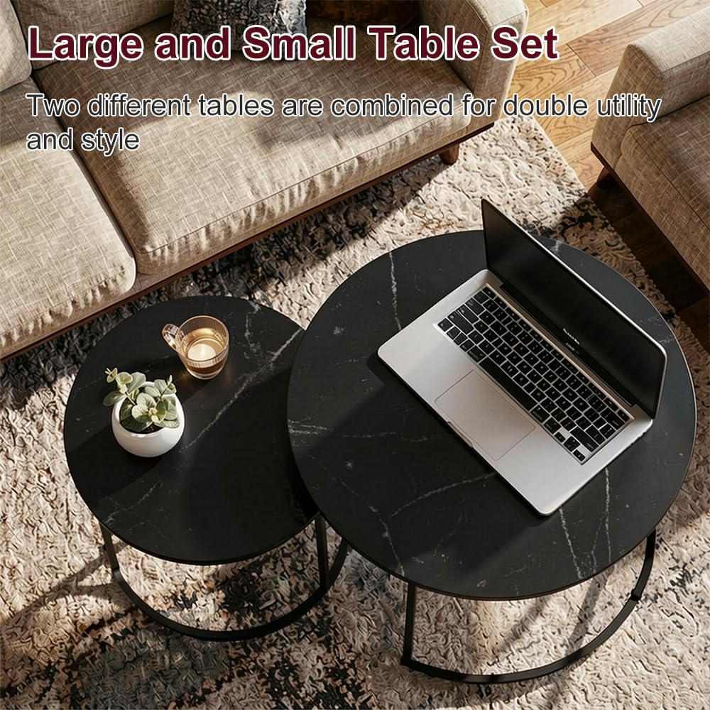 Nesting Coffee Table Set of 2, 27.6inch Round Coffee Table Wood Marble Pattern Top with Sturdy Metal Frame, End Table Side Tables for Living Room Bedroom Balcony Yard (Black),CFT2601