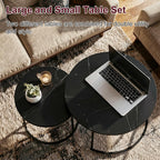 Nesting Coffee Table Set of 2, 27.6inch Round Coffee Table Wood Marble Pattern Top with Sturdy Metal Frame, End Table Side Tables for Living Room Bedroom Balcony Yard (Black),CFT2601