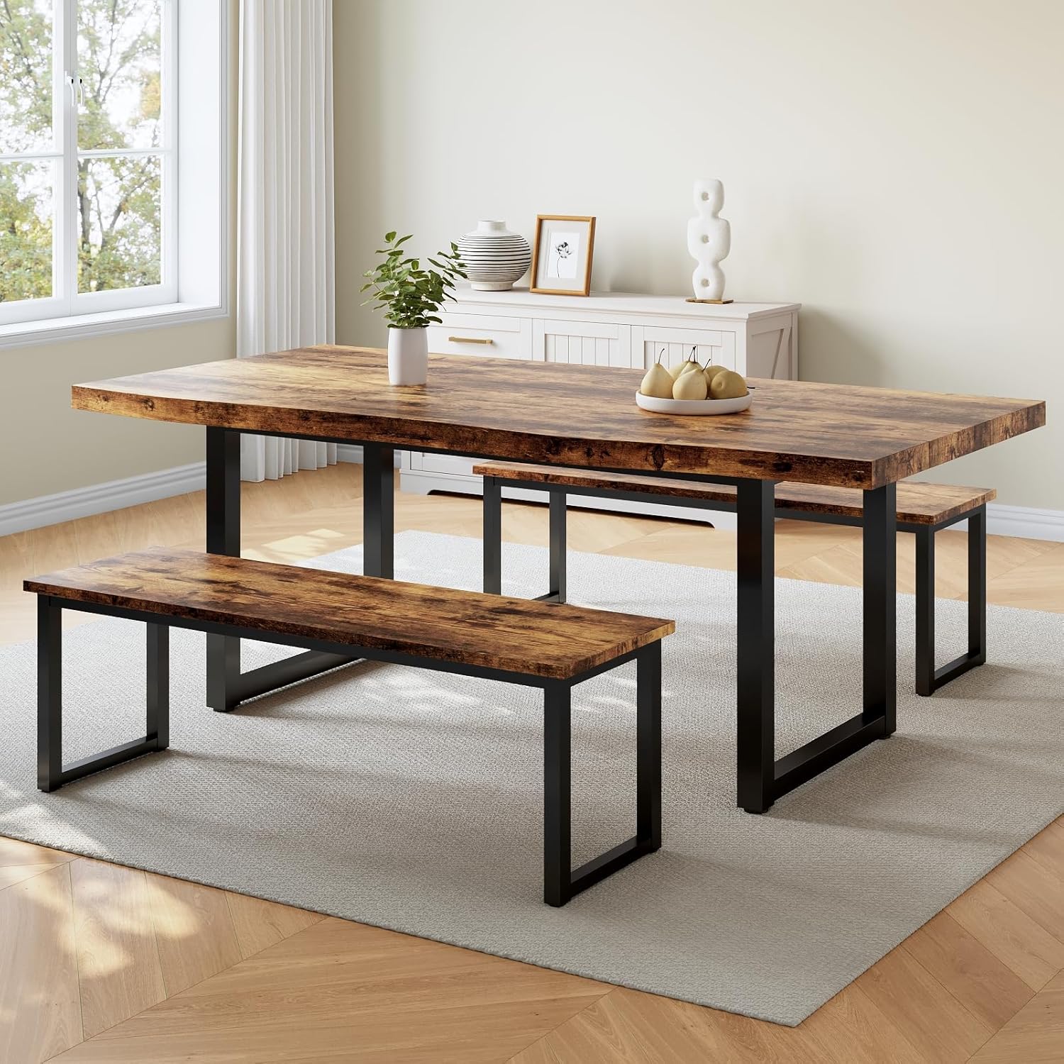 63" Dining Table with 2 Benches, Modern Kitchen Table and Chairs Set for 4 to 6 Persons, Thickened MDF Wooden Table for Dining Room, Kitchen